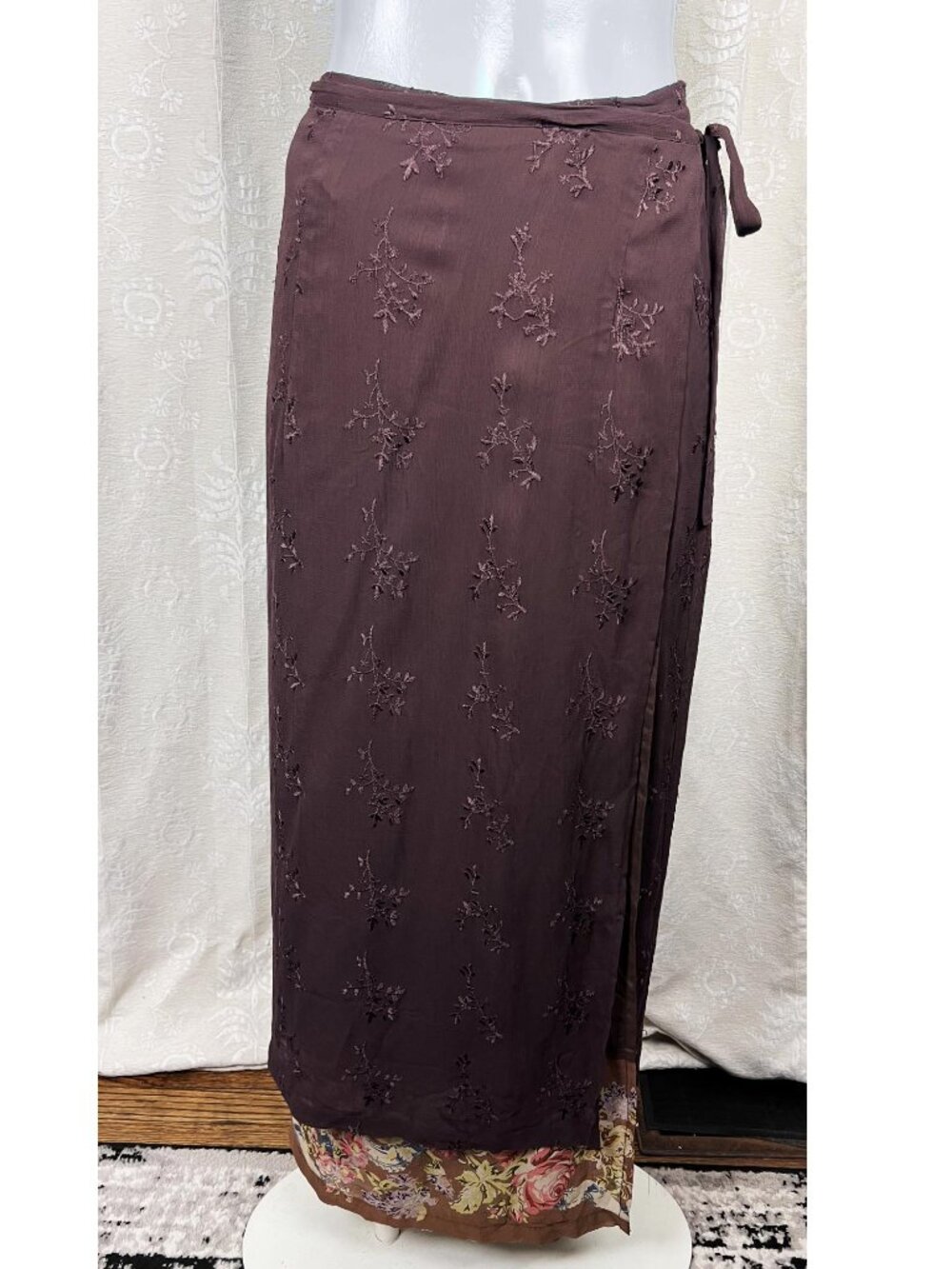 Vintage April Cornell embroidered chiffon layered wrap maxi skirt boho brown M